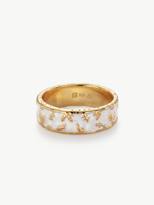 Flora enamel ring with leaf detail in gold vermeil